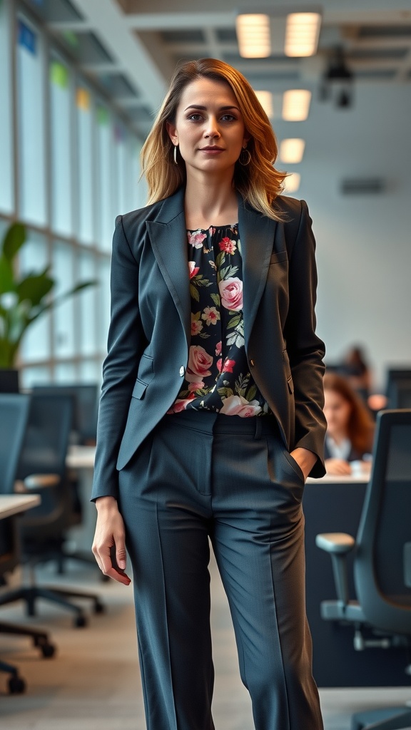 A woman wearing a tailored dark gray blazer over a floral blouse, standing confidently in a modern office space.