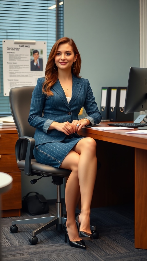 A woman in a pinstripe blazer and denim pencil skirt, sitting at her desk in an office setting.