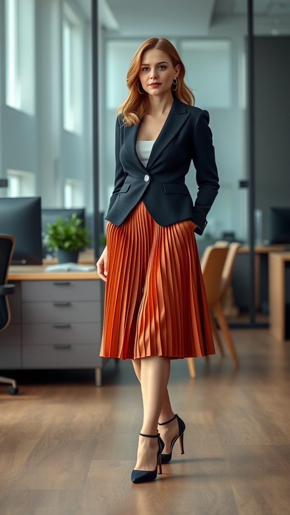 A woman wearing a black blazer and a pleated orange midi skirt, standing confidently in an office setting.