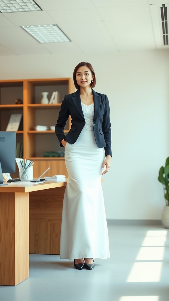 A woman in a white maxi skirt and a tailored black blazer standing confidently in an office setting.