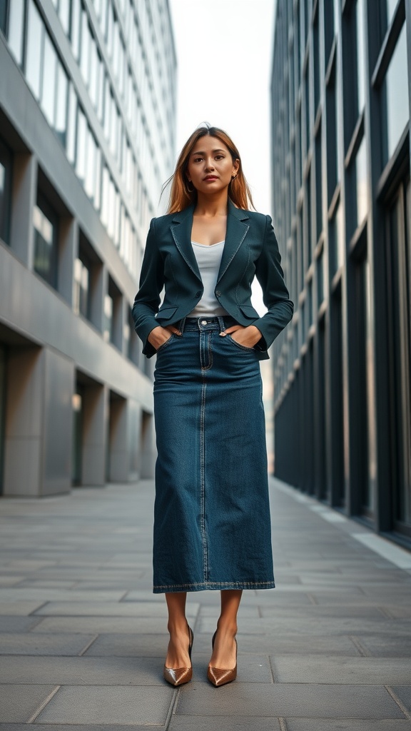 A woman wearing a green blazer, white top, and long denim skirt stands confidently in an urban setting.
