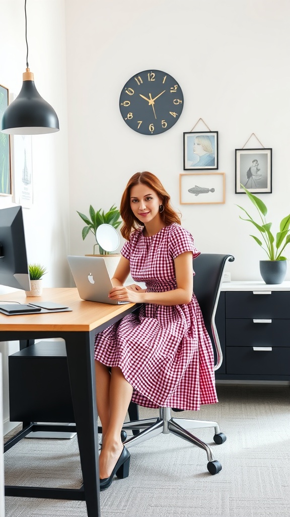 Woman in a red and white gingham dress sitting at an office desk with a laptop, showcasing a chic office look.