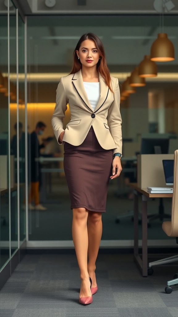 A woman in a beige blazer and brown pencil skirt walking confidently in an office setting.