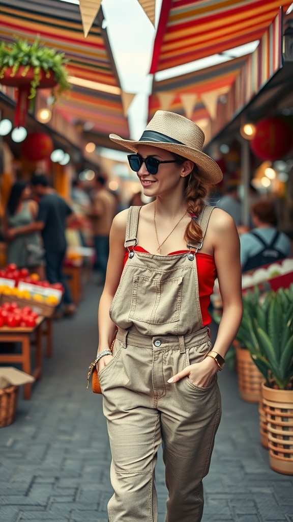 Woman wearing beige overalls and a wide-brimmed hat, walking through a colorful market.