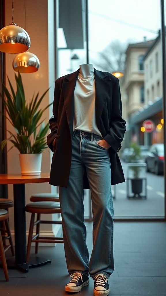 A stylish oversized black blazer worn with a white top and relaxed jeans, set in a modern cafe environment.