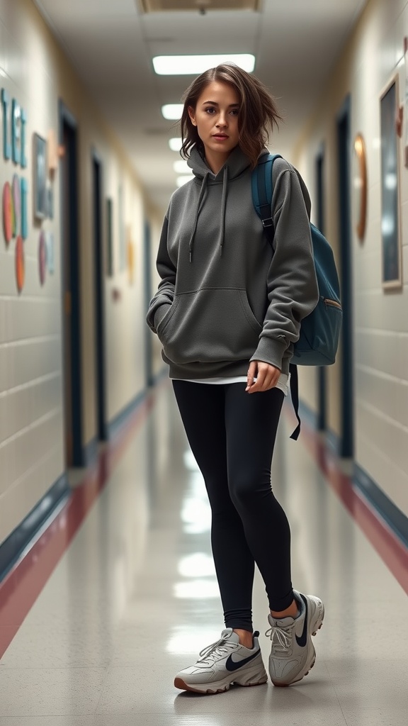 A student wearing an oversized hoodie and leggings in a school hallway.