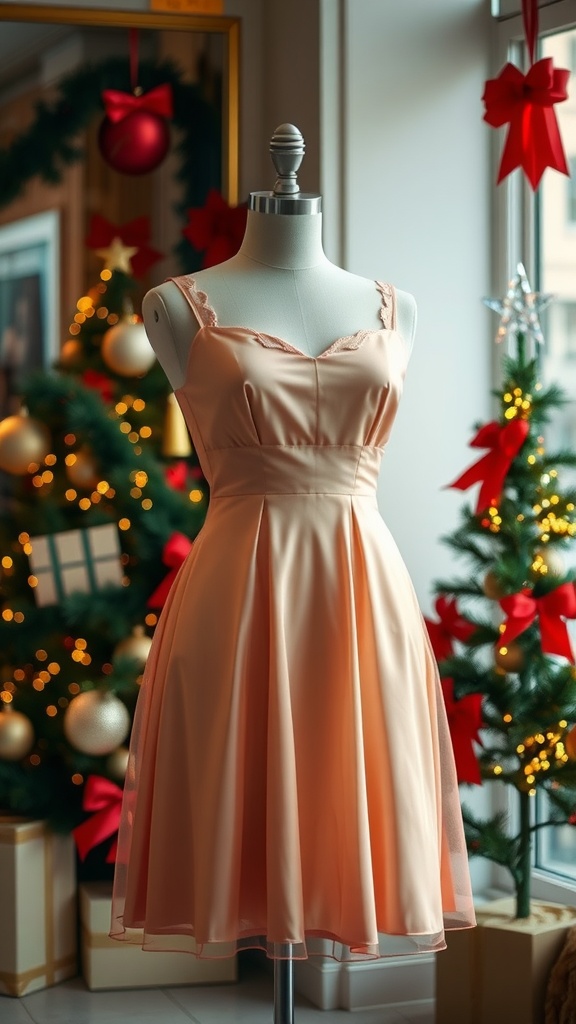 A chic peach dress displayed on a mannequin, set against a backdrop of festive decorations
