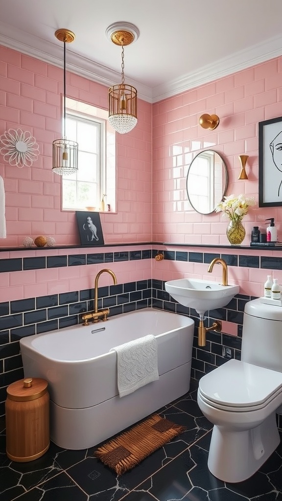 A stylish bathroom featuring pink and black tiles with gold accents.