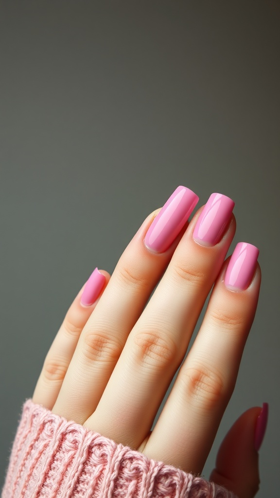 Chic pink nails with a glossy finish featuring chrome French tips.