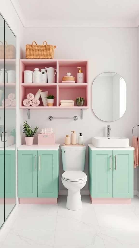 Modern bathroom featuring pink and green storage solutions with open shelving, cabinets, and a round mirror.
