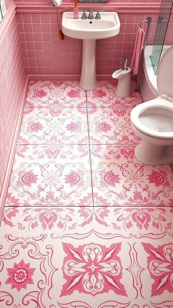 A chic pink bathroom with decorative pink tiles on the floor and walls.