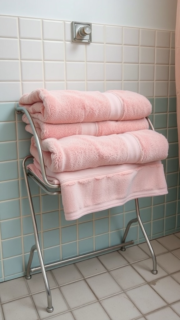 A stack of soft pink towels on a metal rack in a retro-style bathroom