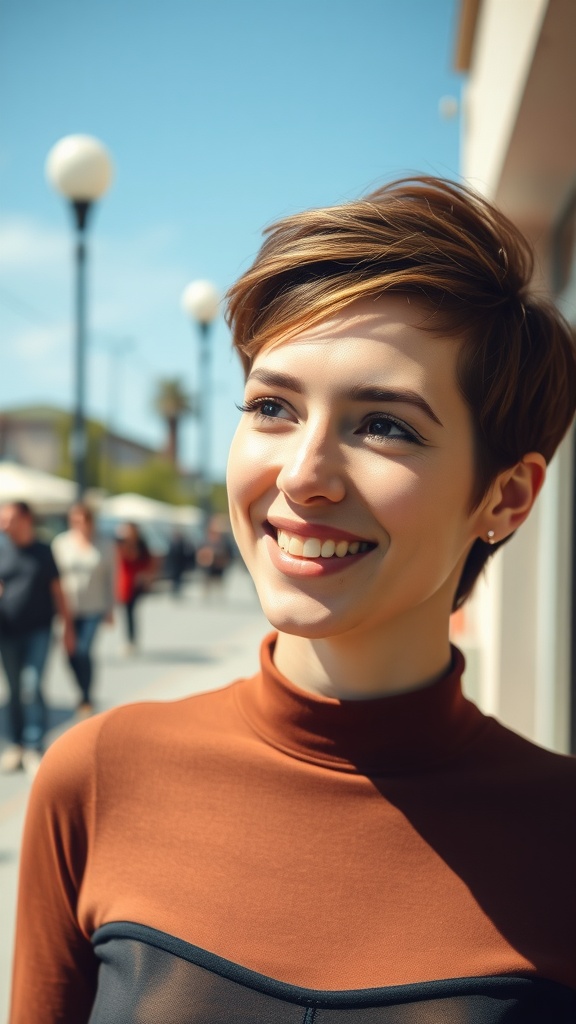 A woman with a chic pixie cut, smiling in a lively outdoor setting.