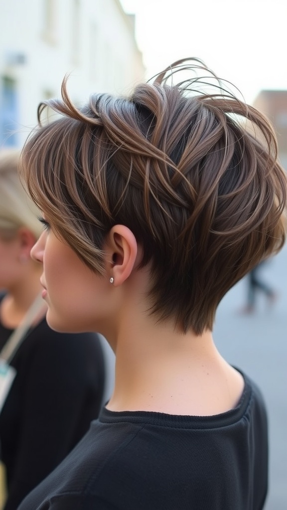 Chic pixie cut with textured layers, showcasing volume and movement.