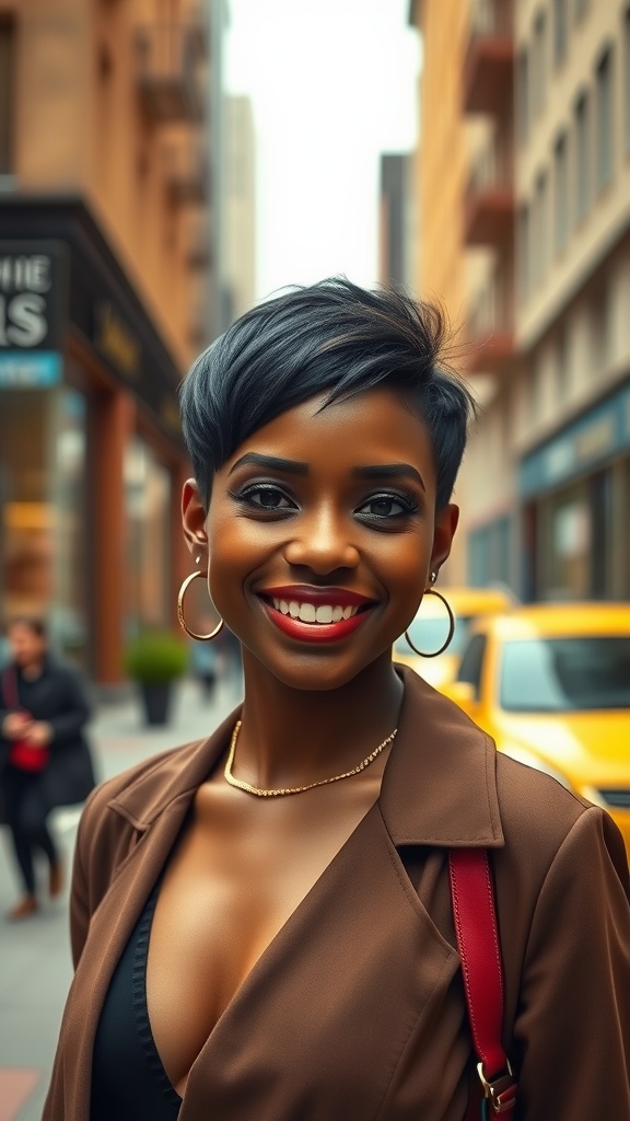A woman with a chic pixie cut smiling on a city street, dressed stylishly.