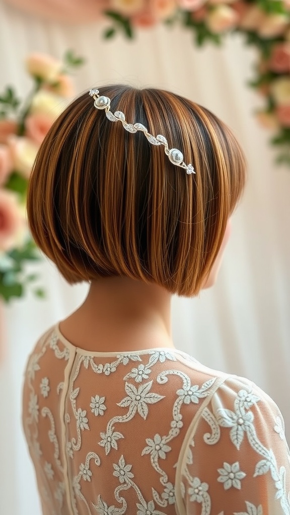 Chic sleek bob hairstyle adorned with a decorative hairpin, showcasing a modern bridal look.