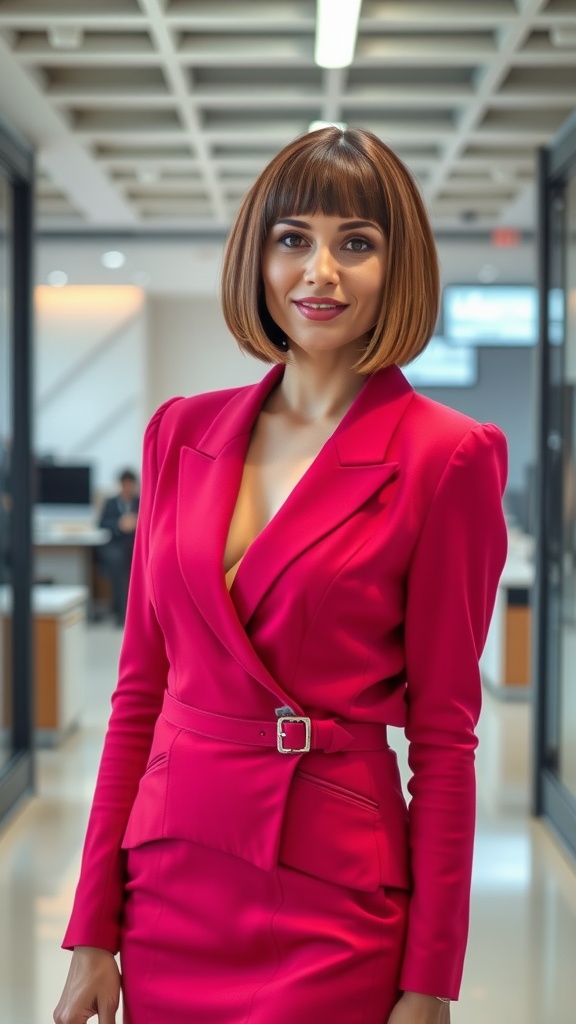 A woman with a chic straight bob hairstyle, wearing a pink suit, standing in a modern office space.