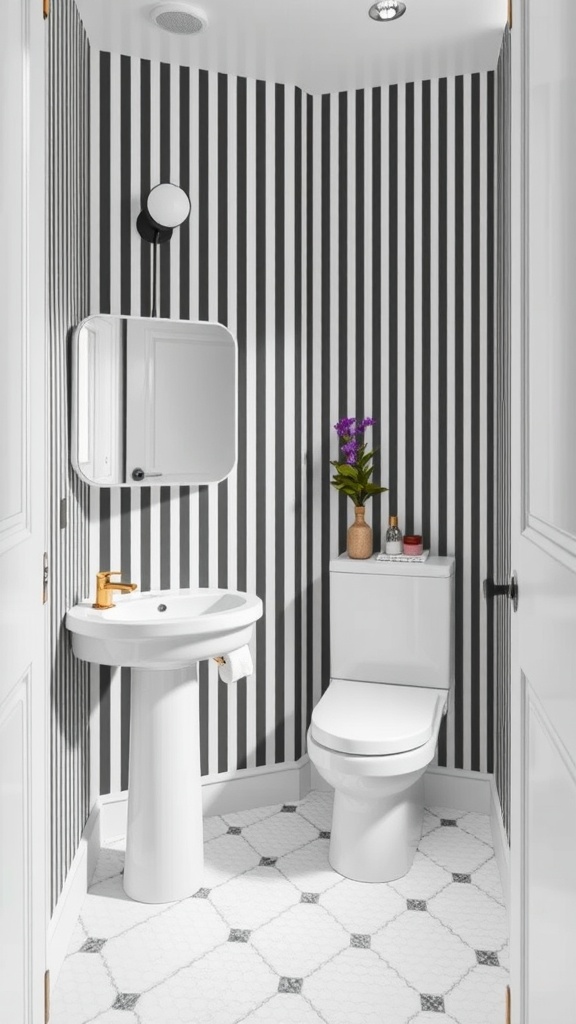 A modern guest bathroom featuring bold black and white striped wallpaper, a white sink, a toilet, and decorative elements like a plant.