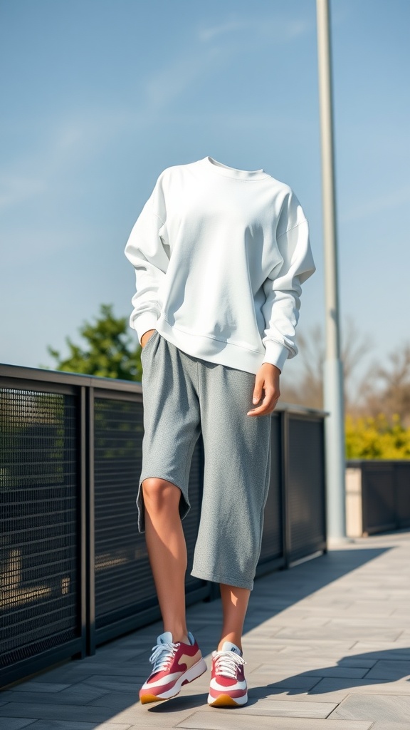 A person wearing a light oversized sweatshirt and gray shorts, complemented by colorful sneakers, standing outdoors.