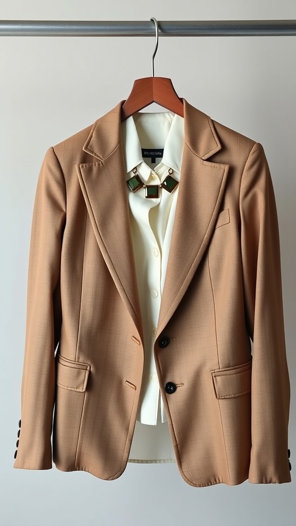 A tan tailored blazer hanging on a rack with a white shirt underneath and a chunky necklace.