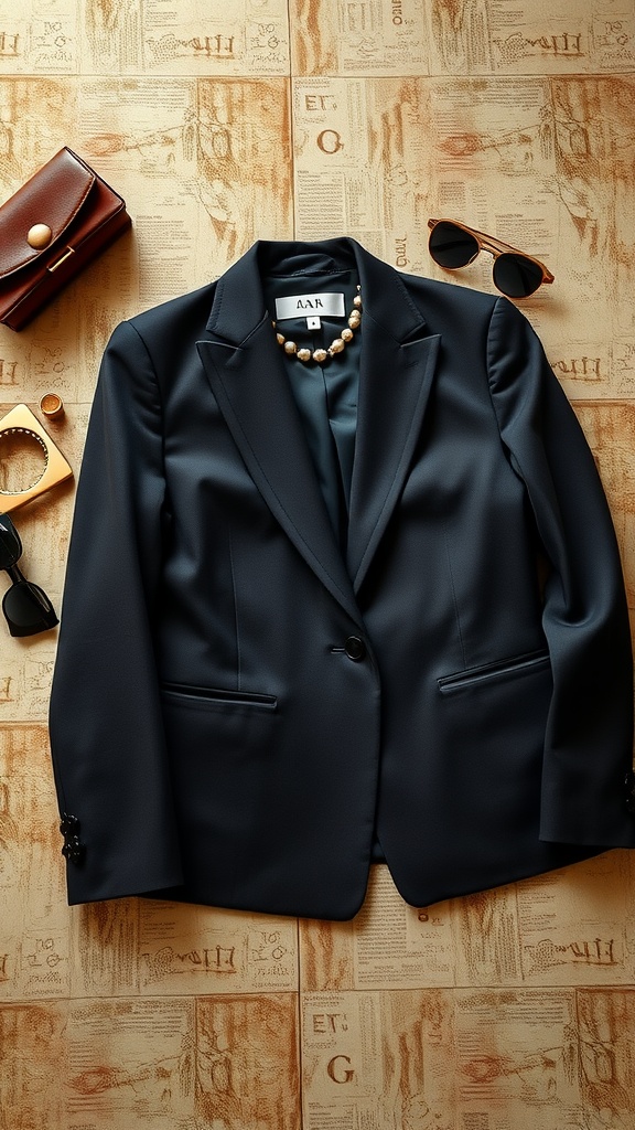 A stylish black blazer paired with pearl necklace, sunglasses, and a handbag on a textured background.