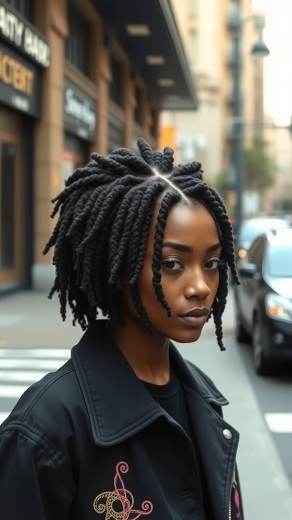 A person with tapered locs hairstyle, looking confidently at the camera in an urban setting.