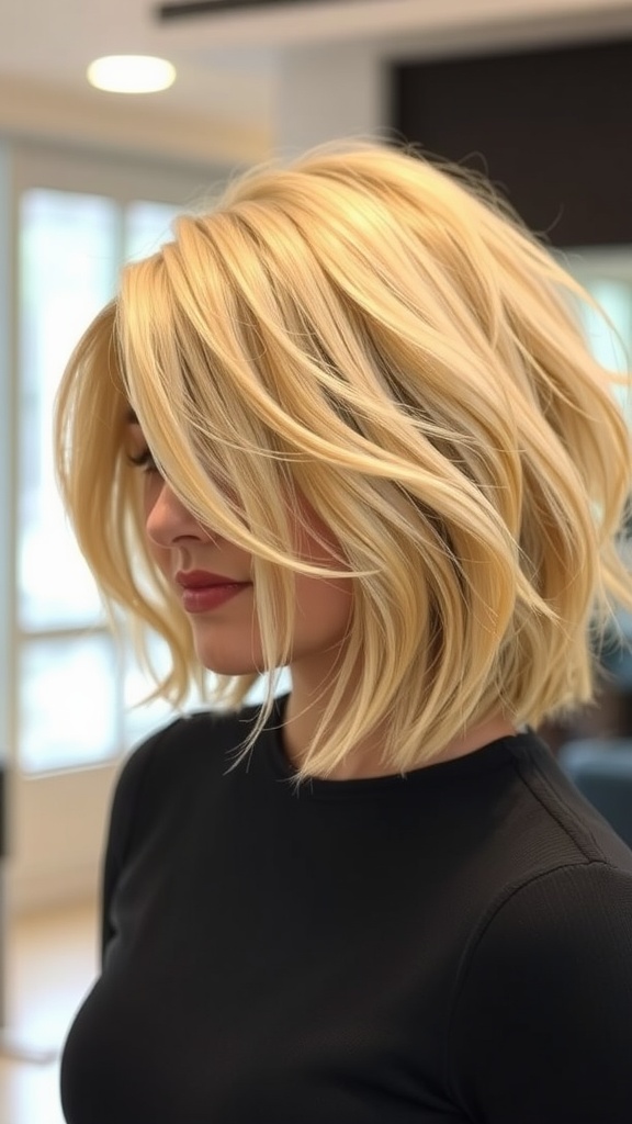 A side view of a woman with a chic textured blonde bob hairstyle.