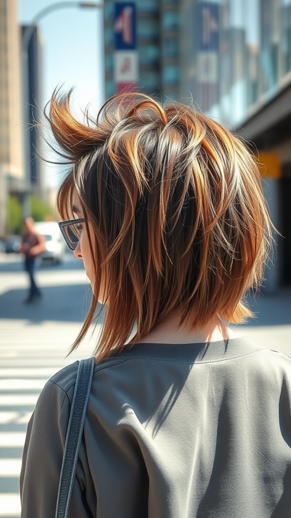 A woman with a chic textured mullet hairstyle, showcasing layered hair with highlights and a stylish look.