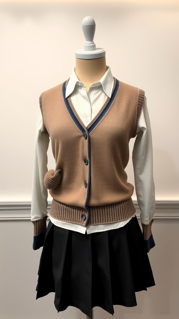 Chic V-Neck Sweater Set with a brown sweater over a white shirt and a black skirt