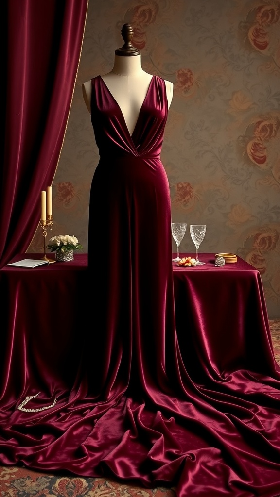 Deep burgundy velvet jumpsuit displayed on a mannequin with elegant decor.