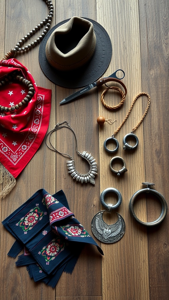 A collection of Western-inspired accessories including a brown hat, red bandana, various necklaces, and earrings on a wooden surface.