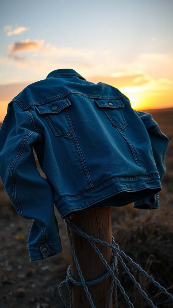 A hanging denim jacket on a wooden post during sunset