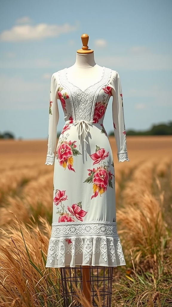 A floral western dress on a mannequin in a field.