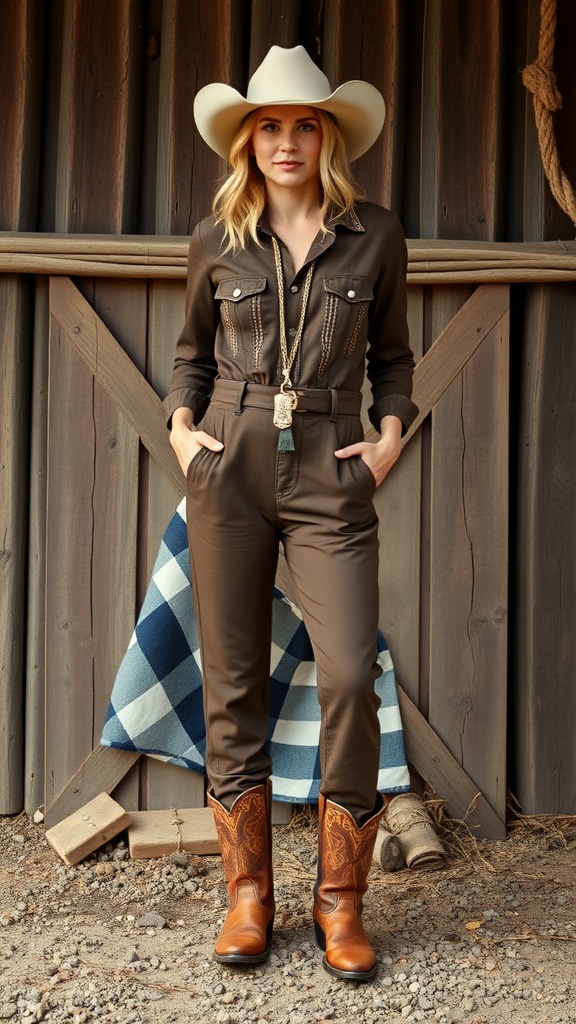 A woman in a chic brown western jumpsuit with a cowboy hat and brown boots.