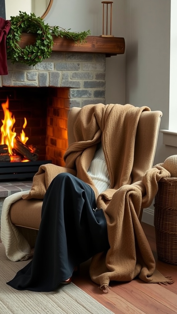 A cozy scene featuring a wool blend wrap skirt draped over a chair near a fireplace, creating a warm and inviting atmosphere.