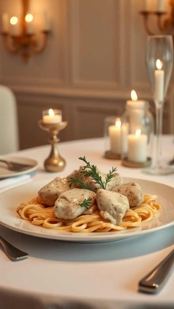 A plate of creamy Chicken Alfredo with fettuccine and garnished with parsley.