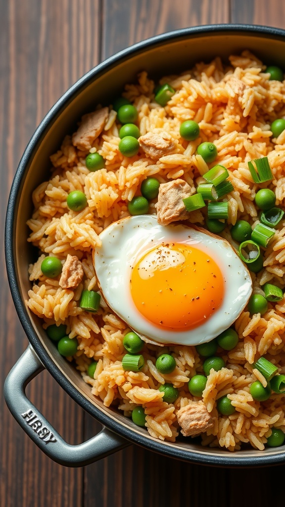 A bowl of chicken fried rice with peas and a sunny-side-up egg on top.