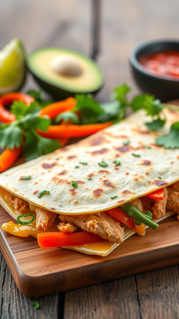 Delicious chicken quesadillas with cheese and peppers on a wooden board