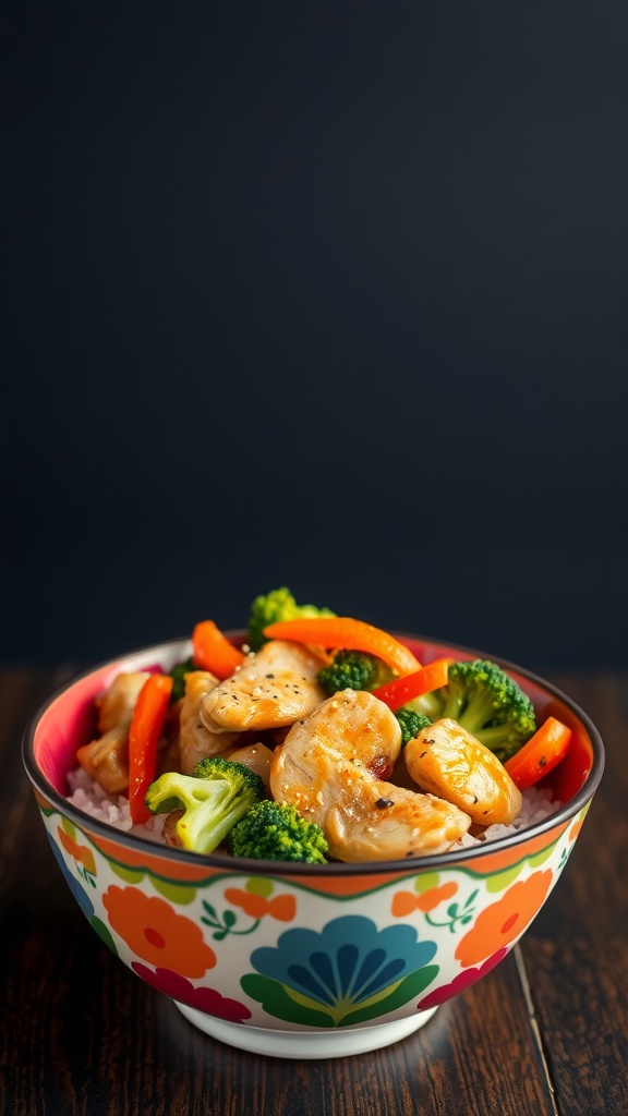 A colorful bowl of chicken stir-fry with broccoli and carrots.