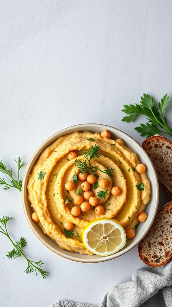 A bowl of chickpea mash topped with dill and chickpeas, served with slices of bread.