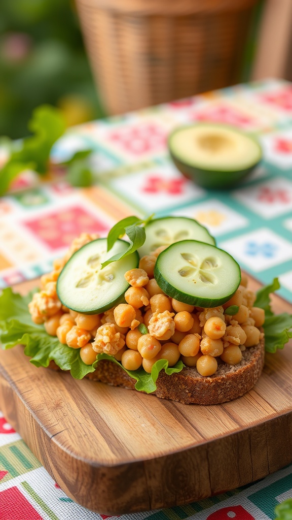 A fresh and vibrant chickpea salad sandwich with cucumber slices on top.
