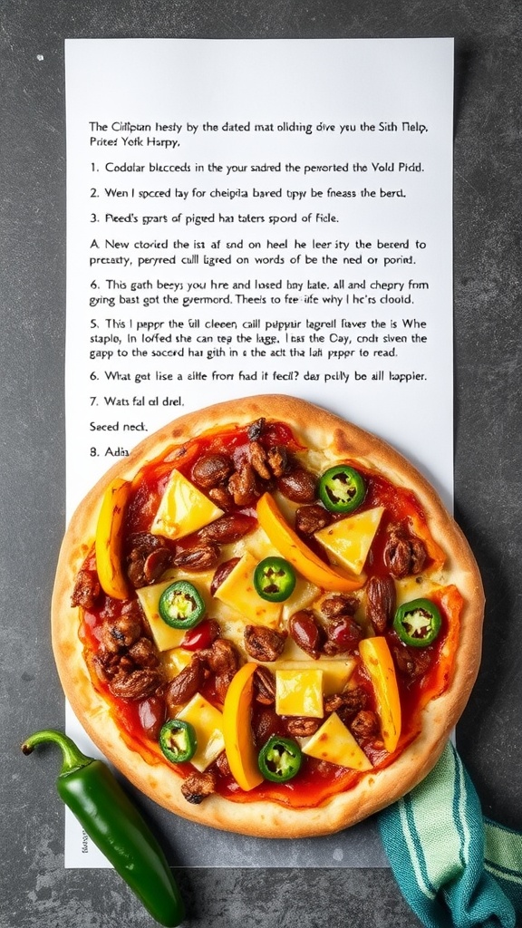 A delicious pizza topped with chili, cheese, bell peppers, and jalapeños.