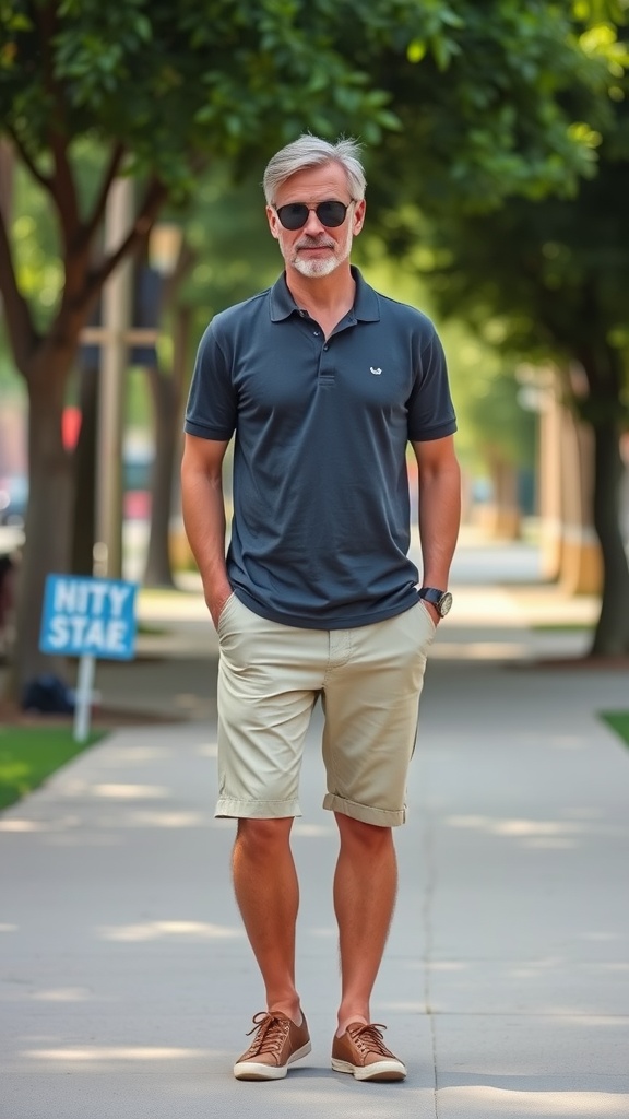 A man wearing beige chino shorts and a dark polo shirt, walking on a city sidewalk with sunglasses.