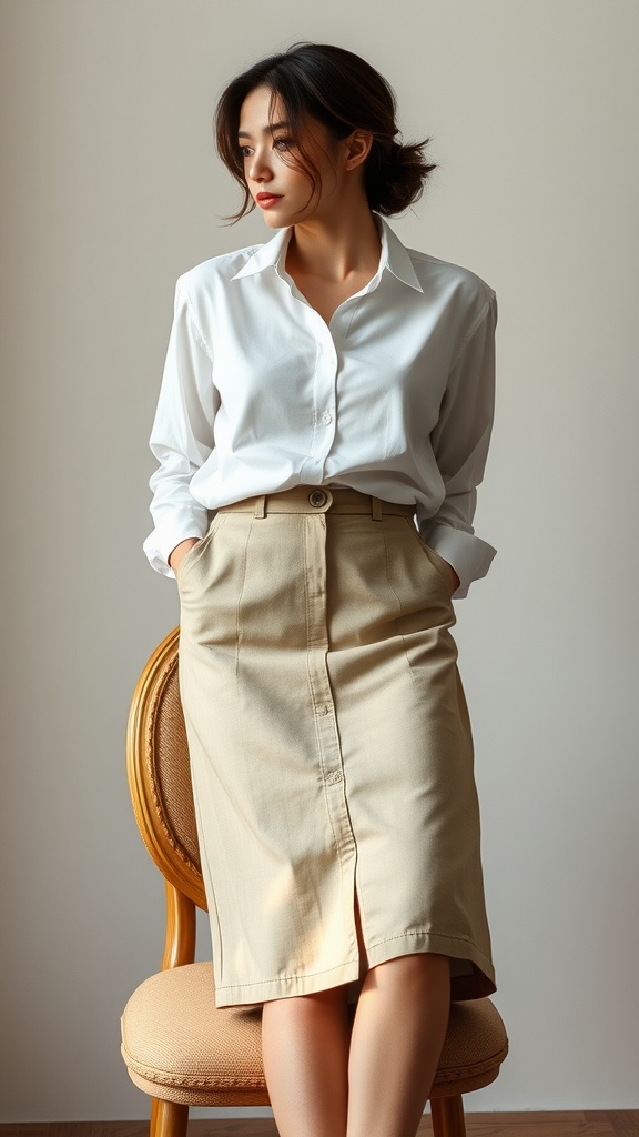 A woman sitting on a chair wearing a white button-up blouse and a beige chino skirt.