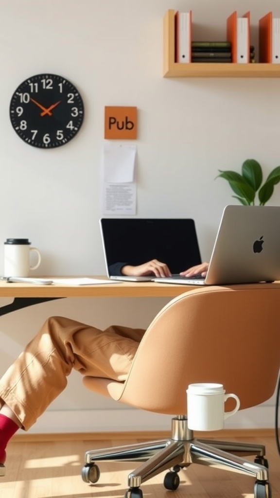 A person working at a desk, wearing beige chinos and a casual top, with hands on a laptop.