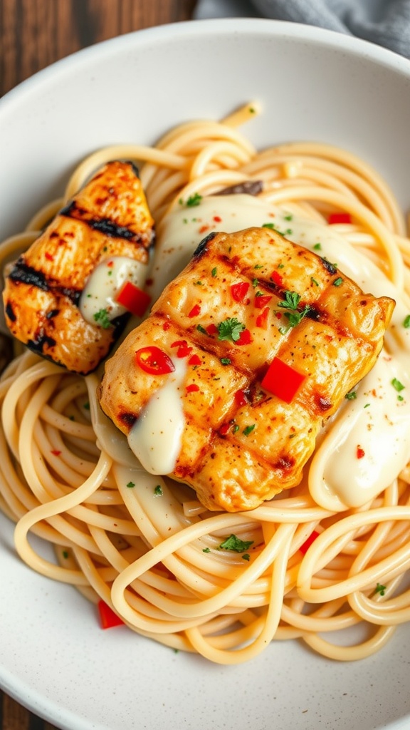 A delicious plate of Chipotle Chicken Alfredo with grilled chicken on top of pasta.