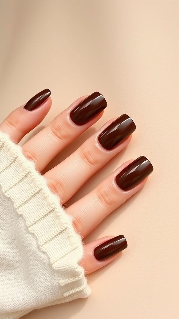 Chocolate brown ombre nails with a glossy finish, styled casually with a knit sweater