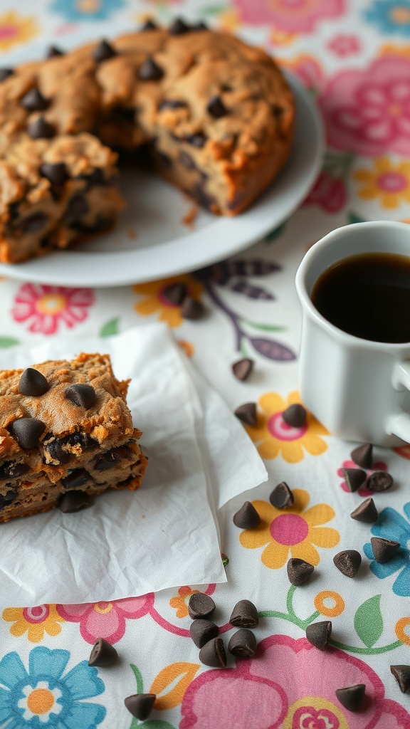 A slice of chocolate chip coffee cake on a plate next to a cup of coffee.