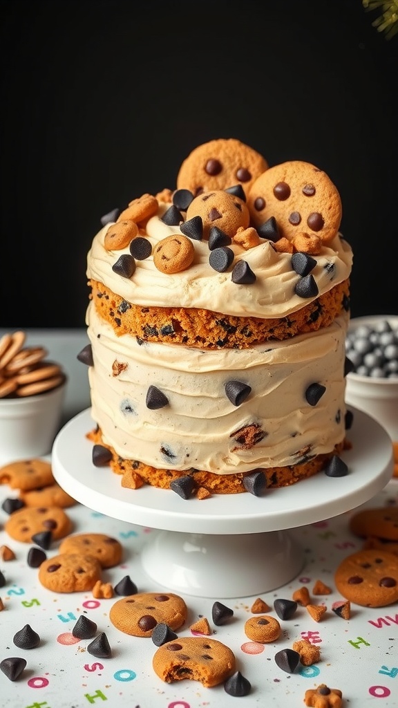 A delicious Chocolate Chip Cookie Dough Cake with layers of frosting and cookie decorations.