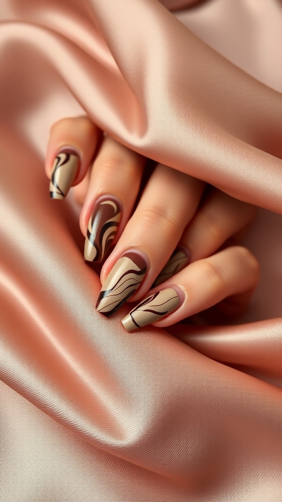 Nail art showcasing a chocolate marble effect on long nails, set against a soft satin background.